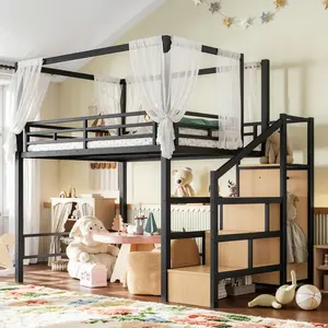 Full Loft Bed with Storage Stairs and Wardrobe, Metal Loft Bed with Canopy Frame, Ample Underbed Spaces Design, Black
