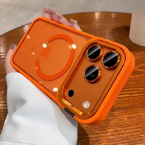 Luxurious Orange Magnetic Wireless Charging Metal Lens Mount Phone Case, Compatible with iPhone 17 Pro Max Air 16 15 14 13 12 Pro Max Plus 17pro 17promax, Comes with Independent Camera Lens Protector, Acrylic Back Panel, Shockproof Armor, HD