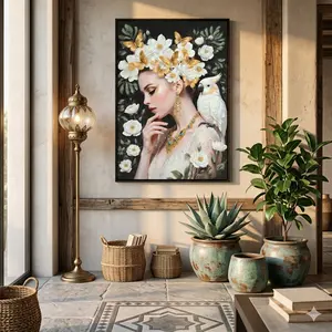 Beauty Lady Wall Art | Gold & White Floral Canvas Print | Modern Photo Poster for Living Room Bedroom | 24x36 Inch Home Wall Decor