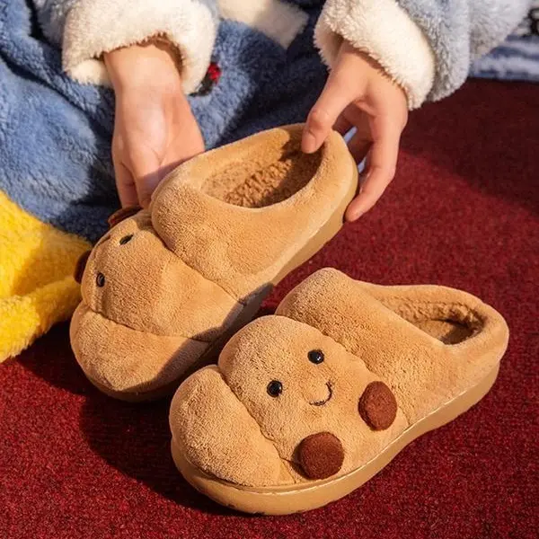 Soft Plush Croissant Slippers, Funny Food House Shoes for Men and Women, Non Slip Cozy Indoor Slides for Home and Gift Giving