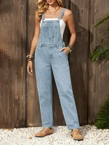 Women's Loose Fit Denim Overalls, Pocket, Plain Pattern, All-Season Wear, Comfortable Wide-Leg Design, Ideal for Casual, Everyday