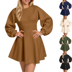 Lannew Womens Puff Long Sleeve Sweater Dresses Casual Trendy A-Line Short Mini Dress Fall High Waisted Skater Dress