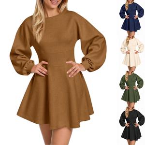 Lannew Womens Puff Long Sleeve Sweater Dresses Casual Trendy A-Line Short Mini Dress Fall High Waisted Skater Dress