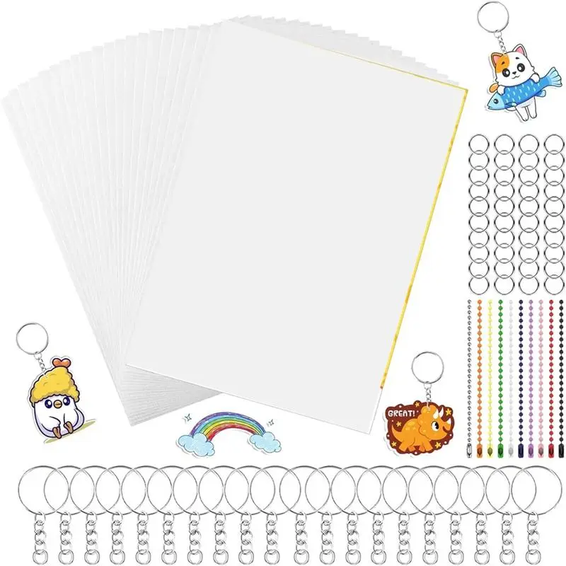 150PCS Shrinky Plastic Sheets Kit, Shrink Paper Keychain Kit for Kids Marking, DIY Ornaments or Craft