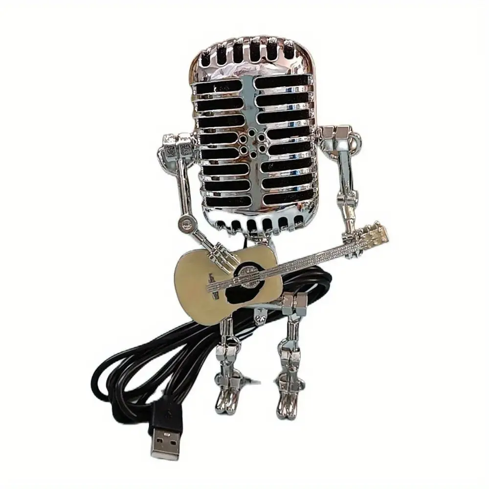 Industrial Punk Style Robot Figurine with Microphone and Guitar, LED Night Light for Desk, Office, Living Room or Showcase Decor
