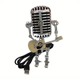 Industrial Punk Style Robot Figurine with Microphone and Guitar, LED Night Light for Desk, Office, Living Room or Showcase Decor