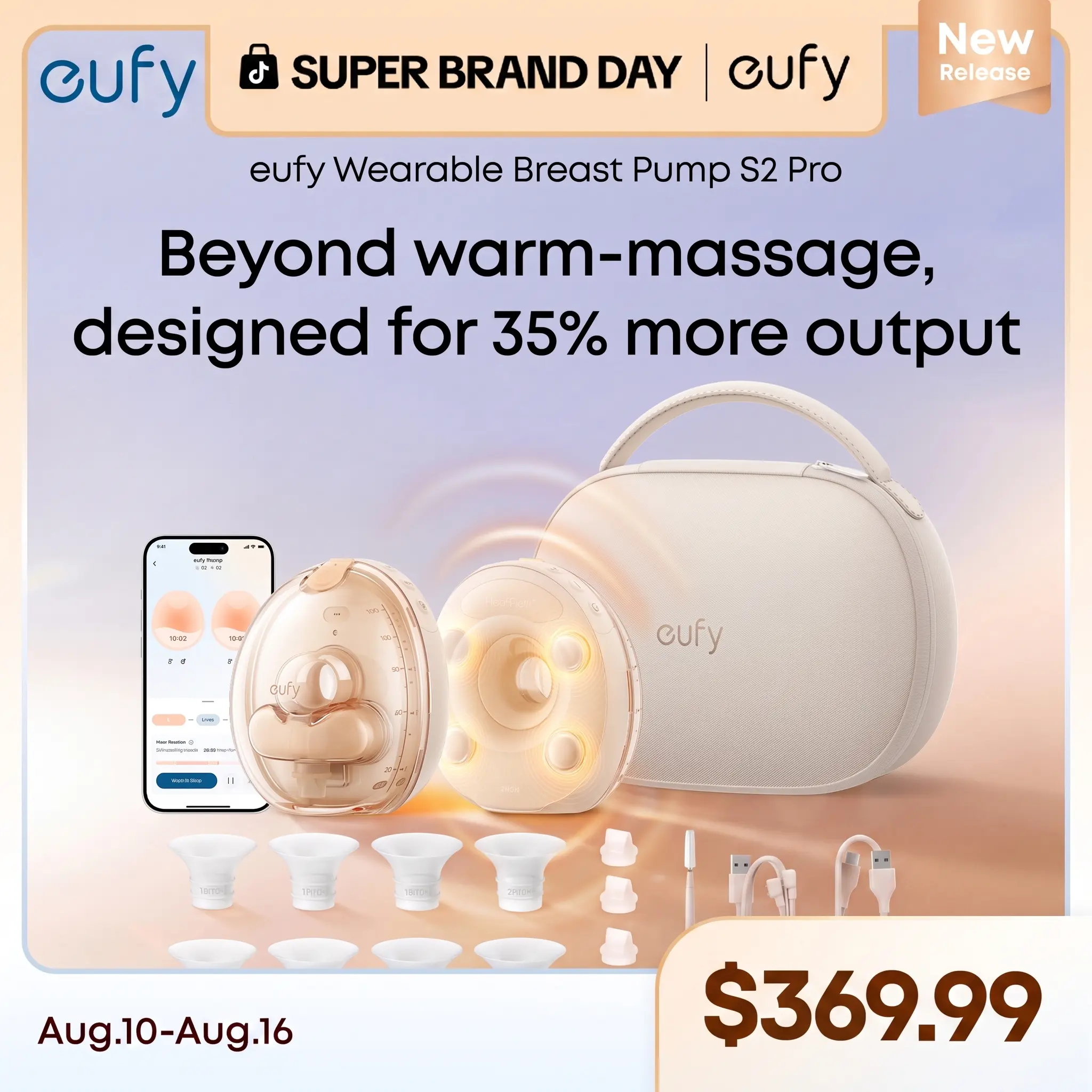 [Exclusive bundle] eufy Security Heated Massage Wearable Breast Pump S2 Pro, HeatFlow, Double-Sealed Flange, Nipple Light, DIY Rhythm, Full Milk & Leak Alert, Wireless Charging Case, 7-Day Battery, App Control