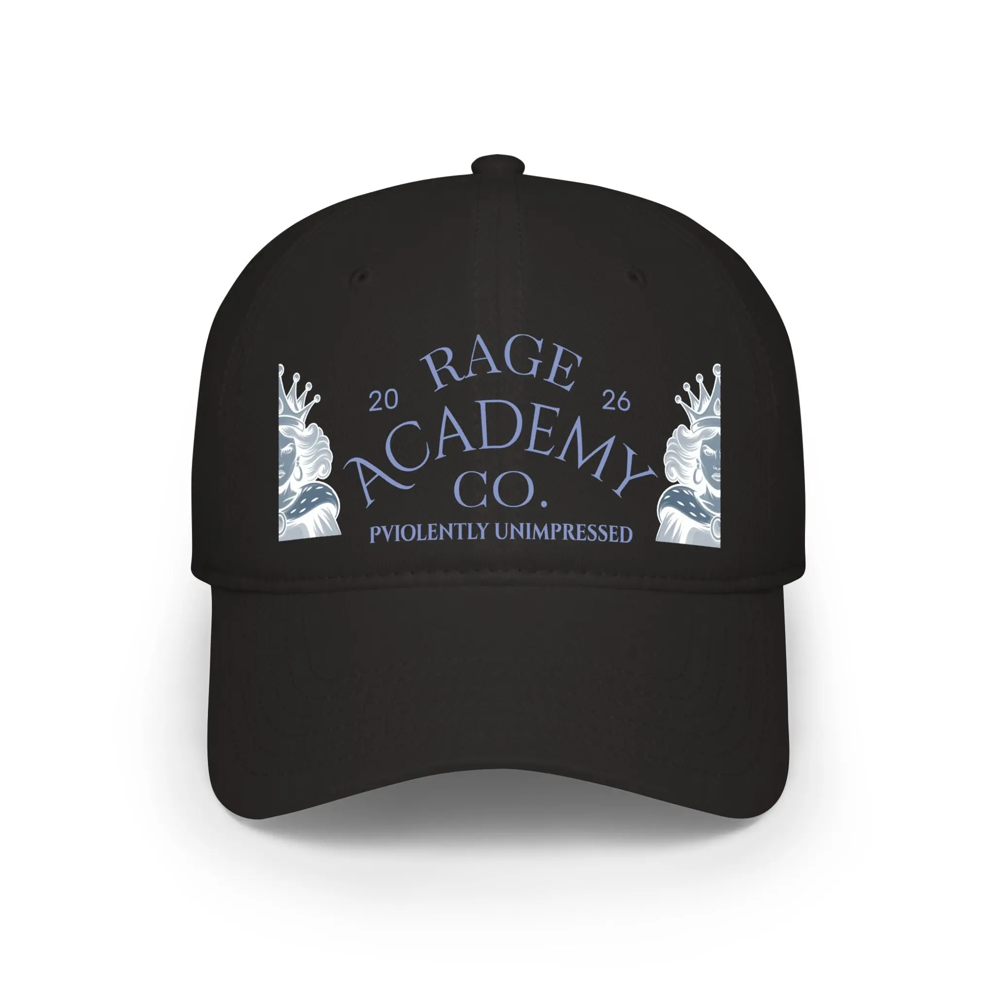 Rage Academy Low Profile Baseball Cap - "Violently Unimpressed Since 2026" Front Text Lettered Varsity Hat, Graphic Message Novelty Statement Style Fashion Clothes Accessory, Lettered Varsity Hats, Graphic Message Hats