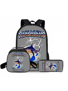 Italian rotten brain shark print backpack three-piece set, including lunch bag, pencil case, and backpack