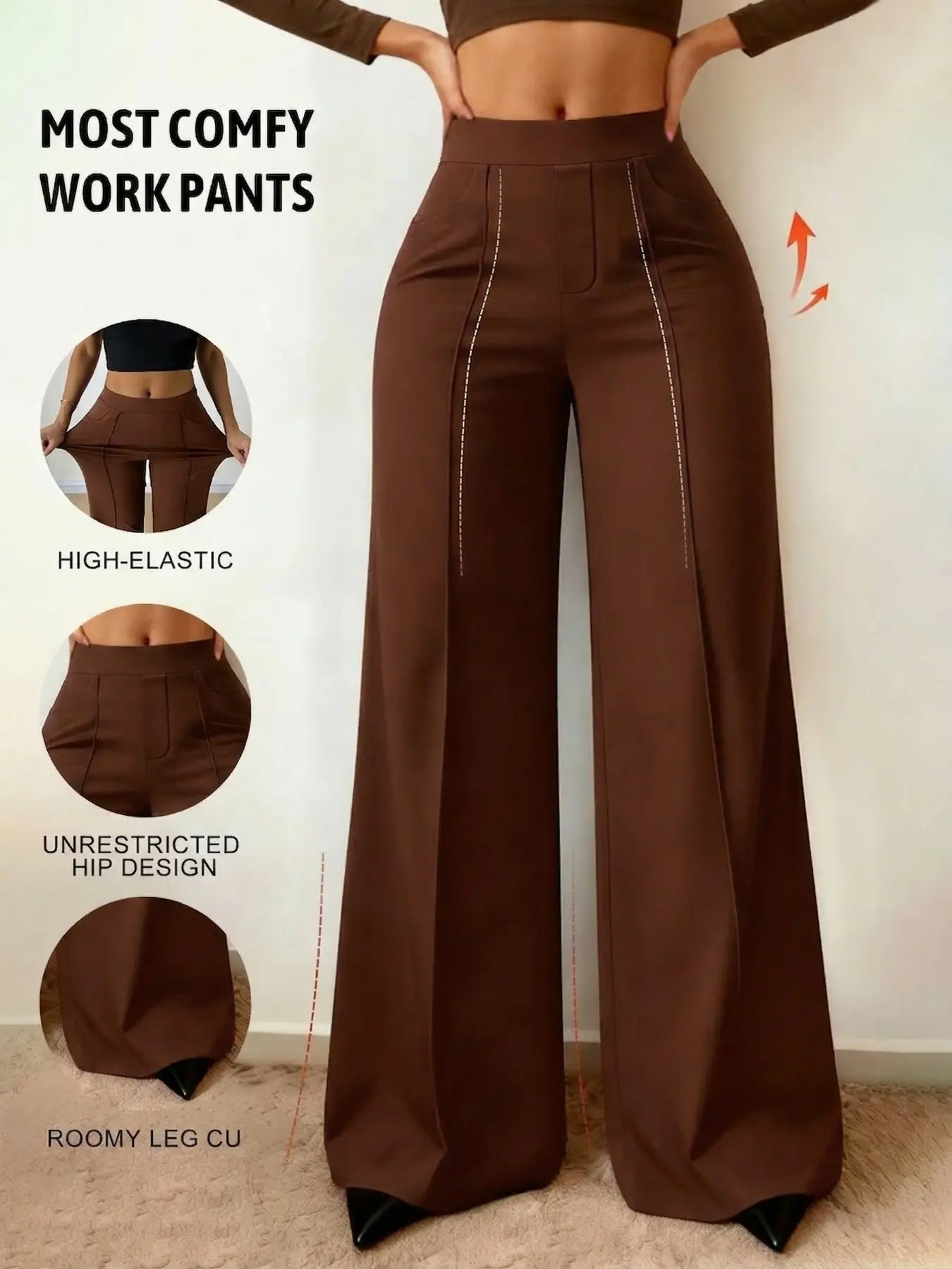 Women Coffee Brown High Waist Wide Leg Pants Stretch Work Pants Office Trousers Loose Fit Flare Leg Business Casual Clothing Palazzo Pants Casual Bottom Elastic Waist Dress Pants for Work Office Travel Daily Outfit Fashion Pants, Casual Fashion Bottoms