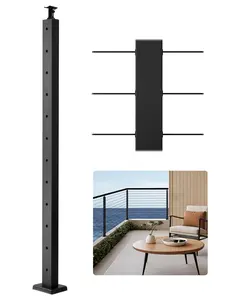 Cable Railing Post For Deck And Stair, 42X2X2 Inch Level Posts, 1-Pack Stainless Steel Cable Handrail Post With Pre-Drilled Pickets And Mounting Bracket, Black Finish, Ready To Install Railing Kit, 1JZLGZXHS106AWJO6001V0