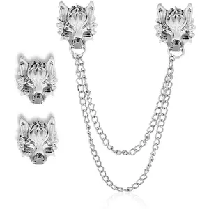 2PCS Wolf Head Long Collar Chain Brooch.Gold Silver Chain Tassel Brooch Pin,Punk Cool Animal Head Collar Coat Pin for Men's Suits Shirt Pin