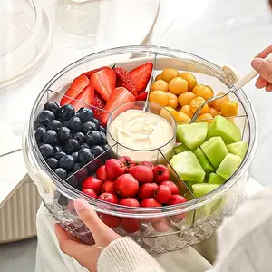 Transparent Divided Vegetable Serving Tray with Lid and Dip Compartment, Rotating Fruit Plate for Parties, Outdoor Picnics, Takeaway