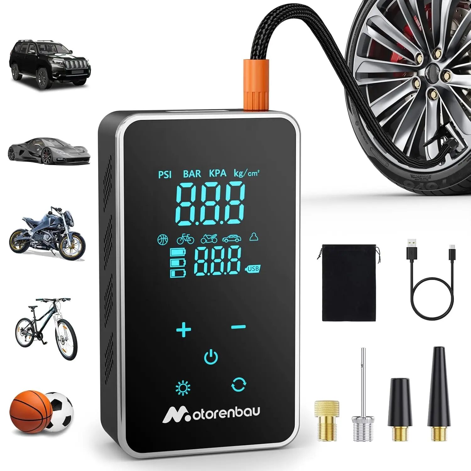 3in1 Portable Air Compressor, 150PSI Wireless Tire Inflator, Electric Car Tire Air Pump With LED Light For Car Automobiles Bicycle Ball