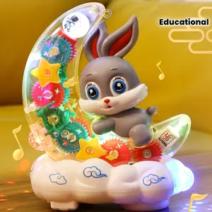 Kids Toddler Electric Transparent Gear Rotating Moon Rabbit Toy Car, Cute Glowing Bunny with Colorful Lights, Automatic Obstacle Avoidance Toy for Ages 2+, Christmas Halloween Birthday Gift for Boys Girls