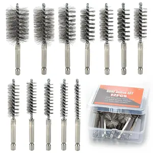 Wire Brush for Drill, 12 count Drill Brush Set - Stainless Steel Bore Brush Attachments with 1/4" Hex Shank, 12 Sizes for Metal Cleaning, Pipes, Tubes, Rust &  Removal, Power Drill