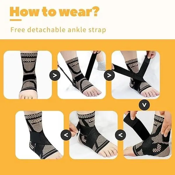 2PCS Copper Ankle Brace Adjustable Compression Sleeve (Pair)-Ankle Brace for Women & Men, Ankle Compression Sleeve Support Copper Infused Ankle Brace for Sprained Ankle, Plantar Fasciitis Sports, Achilles Tendonitis Pain Relief, Copper Black,, Ankle Prote