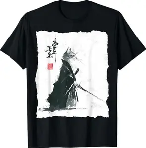 Samurai Cat Ink Art Japanese Style Ukiyo-e Warrior Katana T-Shirt tshirt tok funny irish friend wash cotton shirt s short sleeve versatile summer t shirt