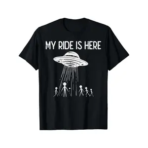 Alien UFO My Ride Is Here Vintage T-Shirt - Funny Flying Saucer & Alien Spaceship Graphic Tee for Men & Women, 60s/70s Retro Sci-Fi Design, Short Sleeve Round Neck Casual Shirt with UFO Abduction Humor