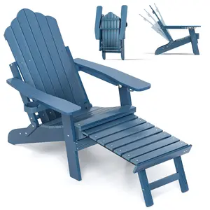COSTWAY - All-Weather HIPS Patio Adirondack Lounge Chair with Retractable Footrest-Navy