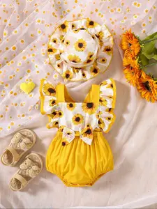 Baby Girl's Sunflower Print Ruffle Trim One-pieces with Hat, Cute Bow Bodysuit for Summer, Newborn Infant Kids Clothes for Beach Holiday Vacation, Baby Clothing