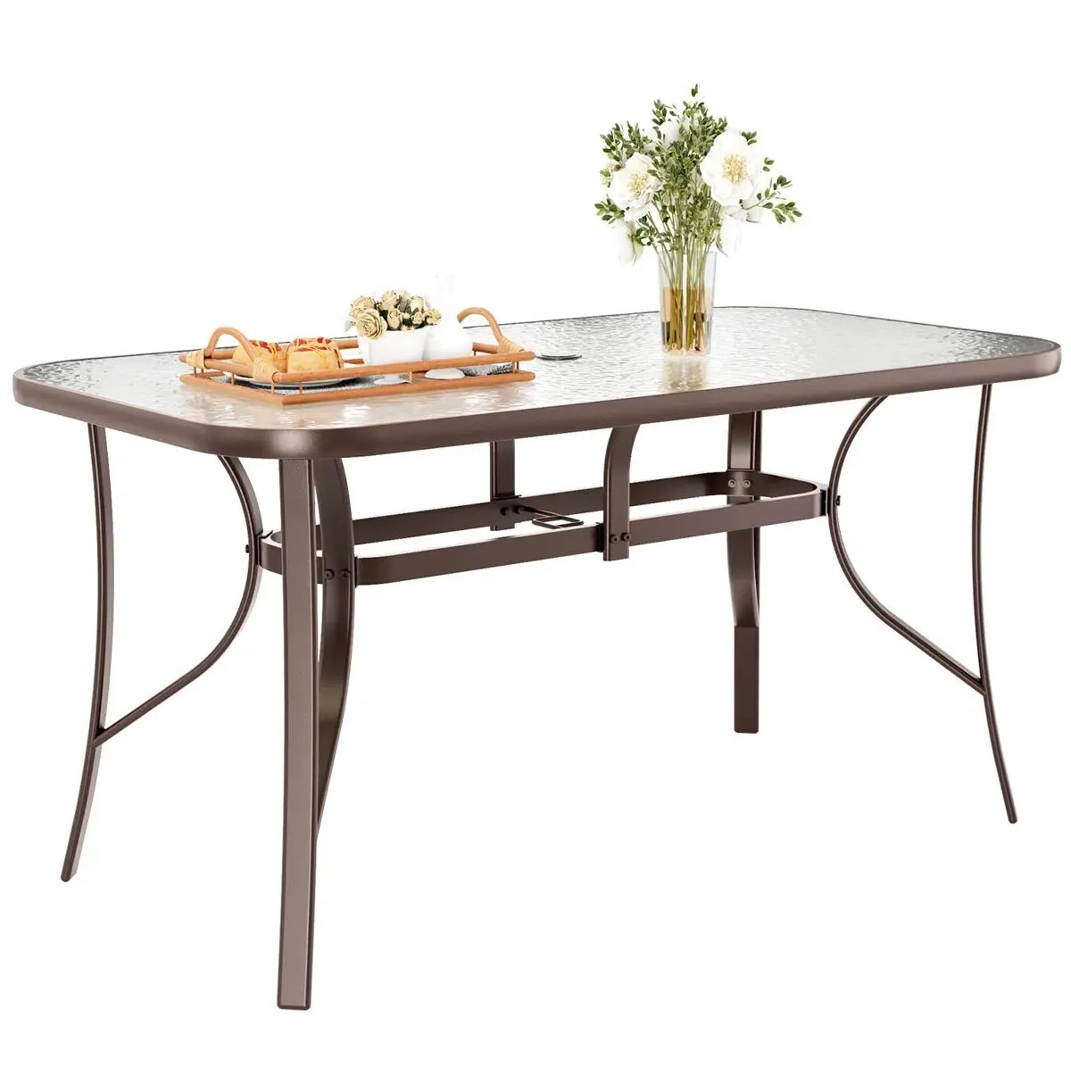 MAMIZO Patio Tempered Glass Table, Rectangular Dining Table with Umbrella Hole, All-Weather Resistance Outdoor Table for Garden & Backyard