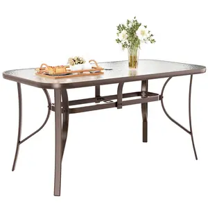 MAMIZO Patio Tempered Glass Table, Rectangular Dining Table with Umbrella Hole, All-Weather Resistance Outdoor Table for Garden & Backyard