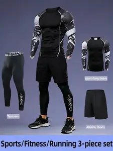 3 Piece Sport Set, Compressive Breathable Long Sleeve Top, Quick Dry Tight Pants, Side Pocket Shorts, Elastic Fiber, Street Style, Running, Basketball, Training