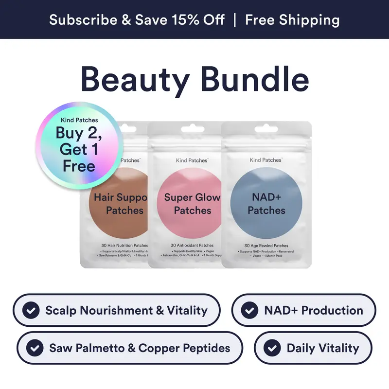 Kind Patches Beauty Bundle: 30 Hair Nutrition Patches + 30 Antioxidant Patches + 30 Age Rewind Patches : Scalp Nourishment & Vitality, Saw Palmetto, Copper Peptides, supports NAD+ Production, Natural/Daily Vitality Support, Natural Ingredient