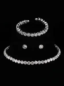 Women's Elegant Rhinestone Decorated Necklace & Earrings & Bracelet, Exquisite Trendy Jewelry Set, Fashionable Accessories for Party & Daily Clothing Decor, Matching Jewelry Set, Necklaces Earrings Set