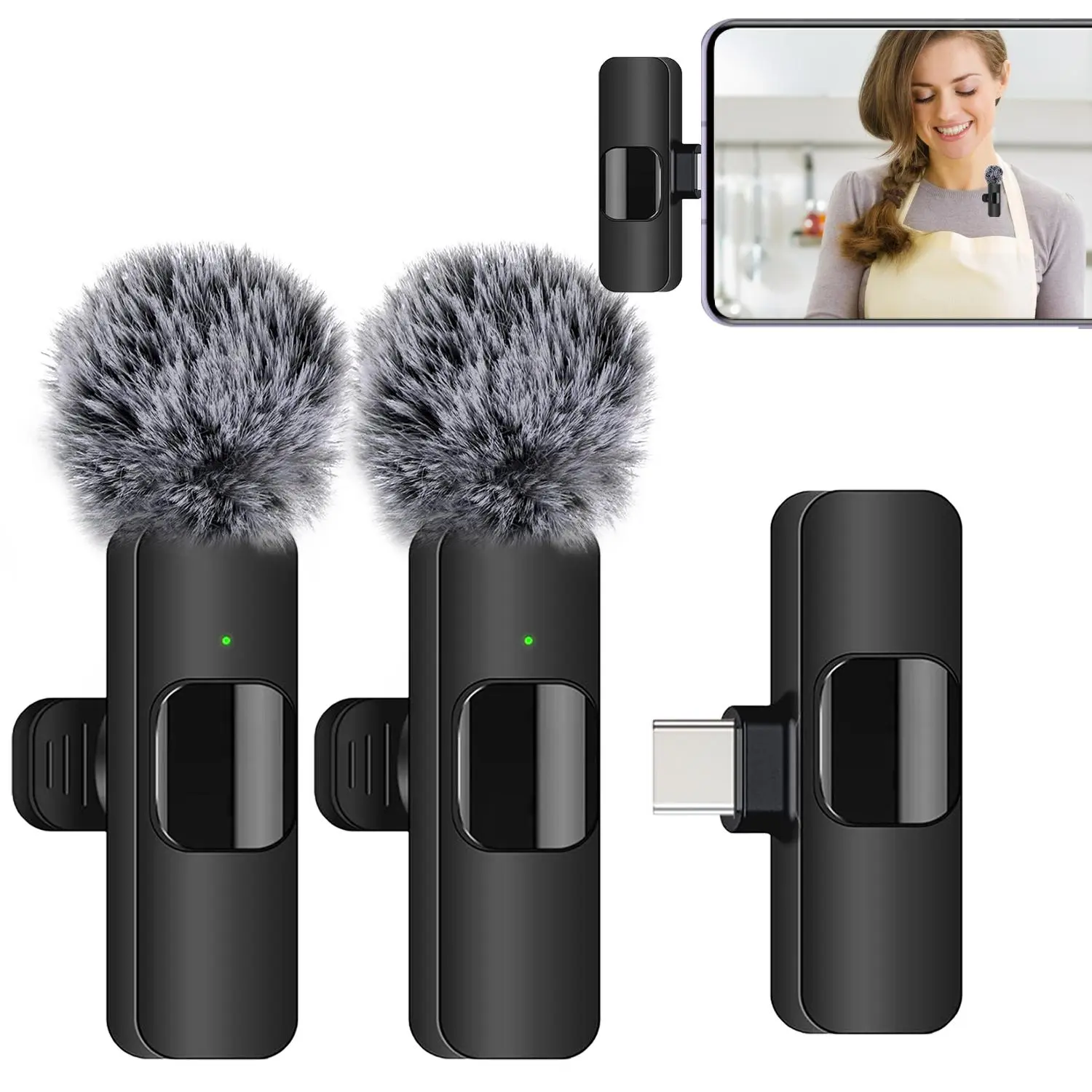 Wireless Lavalier Microphone for iPhone iPad Type-C USB Mic, Cordless Mics, Plug-Play 2.4g, Ultra-Low Delay, Noise Reduction, Ideal for Video Recording