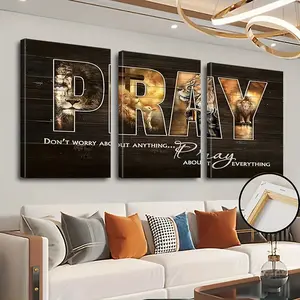 3pcs Art Renaissance Style Lion Canvas Wall Art Prayer Letters Modern Fashion Frame Poster Print Wooden Frame Indoor Outdoor Decoration Suitable for Living Room Bedroom Bathroom Autumn Winter Theme Hanging Gift Ornaments Artistic Photo