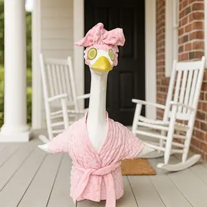Winter porch goose 23 inch cement or plastic goose ladies porch goose bathrobe Christmas porch goose costume holiday porch goose costume (pink)