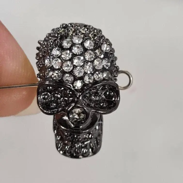 Crystal rhinestone pave gunmetal  black 15x24mm Skull center drilled , sparkly, spacer, focal bead, home decor, Halloween bracelet making pc