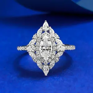 【966】Art Deco Geometric Marquise Ring | 4x8mm White Marquise Zirconia Center |  Double Halo | Full Pave Band