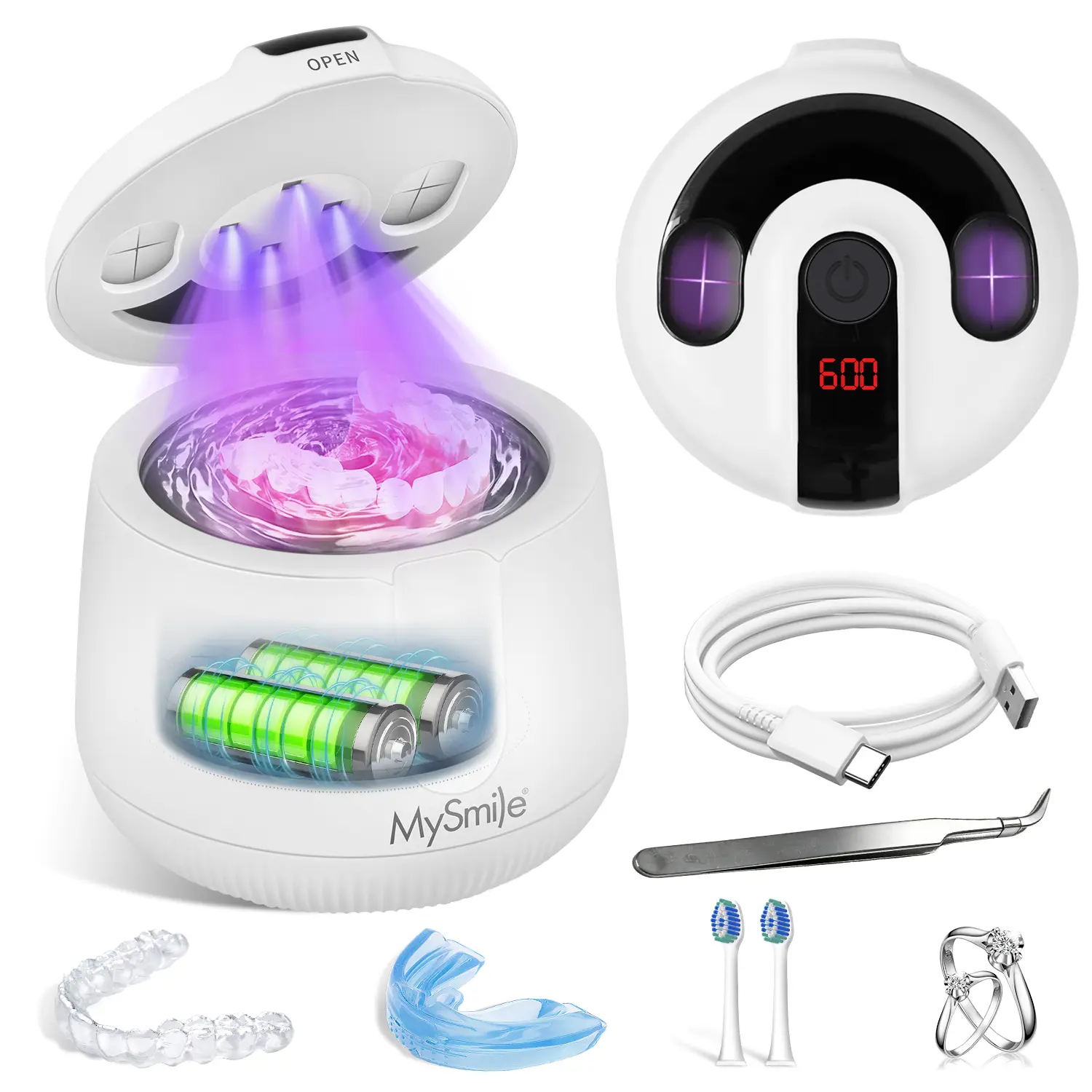 MySmile 48kHz Frequency Ultrasonic Cleaner Machine - 48,000Hz Ultrasonic Power, Lightweight Compact 200ml Stainless Steel Bath, 1-Button Operation for Dental Accessories, Teeth Whitening Trays, Bathroom Counter Portable Use