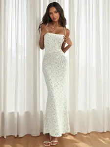 Elegant Floral Strapless Bodycon Mermaid Dress, Fresh Flower Design, Shoulder Exposed, Romantic Tail Hem, Slim Fit, Goddess Style, Floral Print Dress