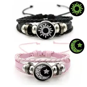 2PCS Night Glow Sun Moon Couple Bracelets Braided Leather Cords in Black Pink Adjustable Couple Jewelry His & Hers Casual Accessory  Perfect Romantic Jewelry Gifts For Valentine’s Day, Anniversary Daily Wear