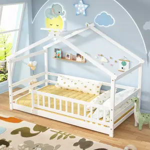 Tolead Twin Size House Bed Montessori Floor Bed Frame with Safety Guardrails & Playhouse Roof Easy Assembly Toddler Bed for Boys and Girls