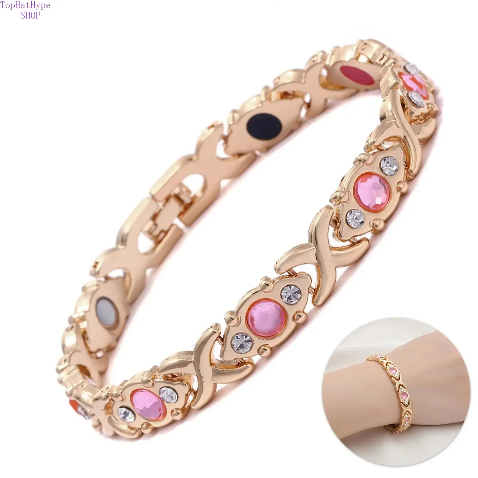 Female Elegant Rose Gold CZ Inlays Adjustable Bangle - Eco-Friendly Alloy Magnetic Band, Multi-Size Fit, Ideal for Daily Wear & Birthday Gifting, Cubic Zirconia