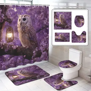 Floral Branch Owl Print Shower Curtain Set, Includes 12 Hooks, Bath Mat, U-Shaped Floor Mat, Toilet Seat Cover, Bathroom Decor