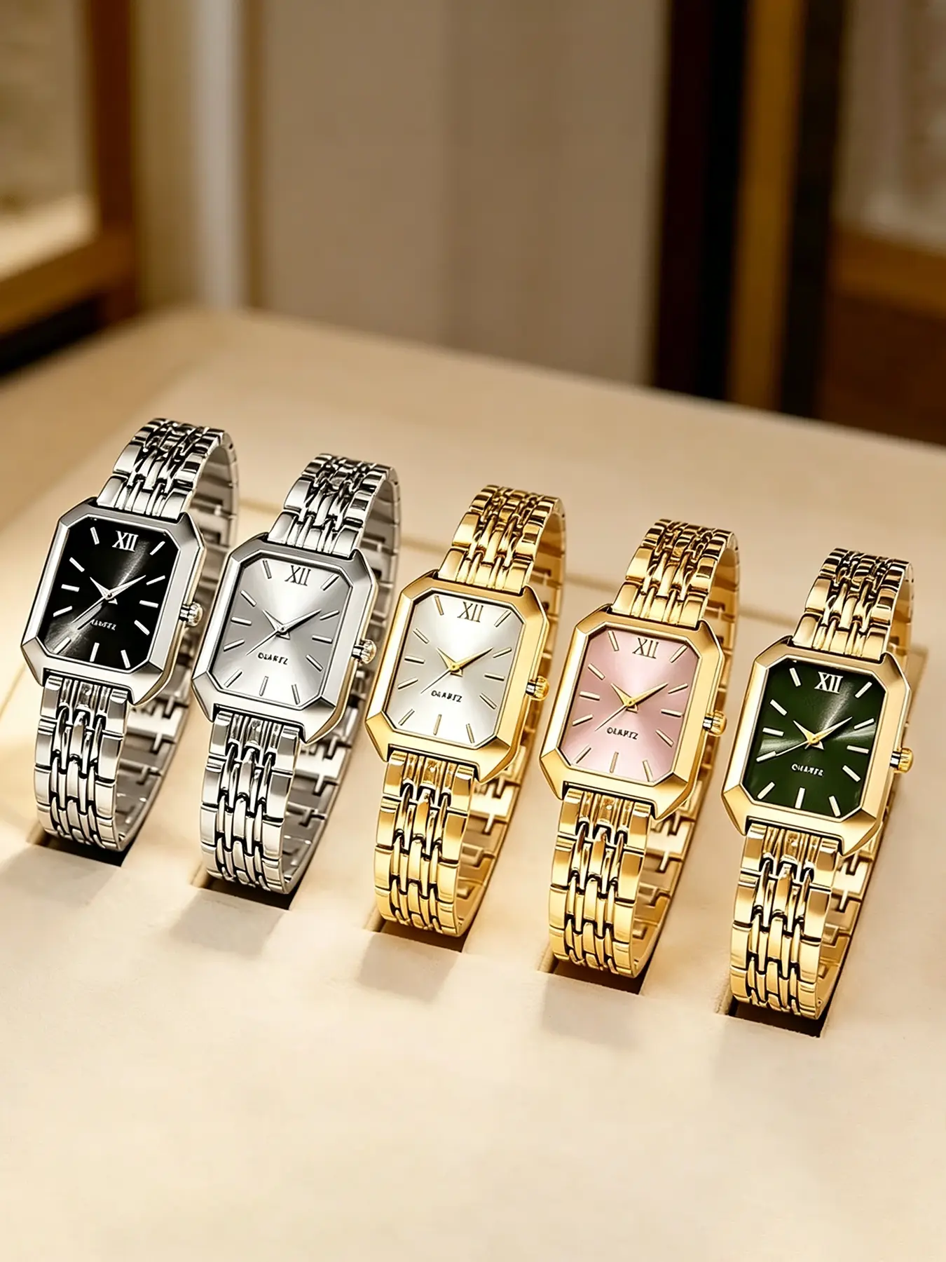5pcs - Women's Watch Gift Set, Fashionable and Trendy Casual Quartz Watch Set, Classic Retro Rectangular Dial, Comfortable Alloy Strap, Perfect Gift for Family and Friends, Ideal for Easter or Casual Wear