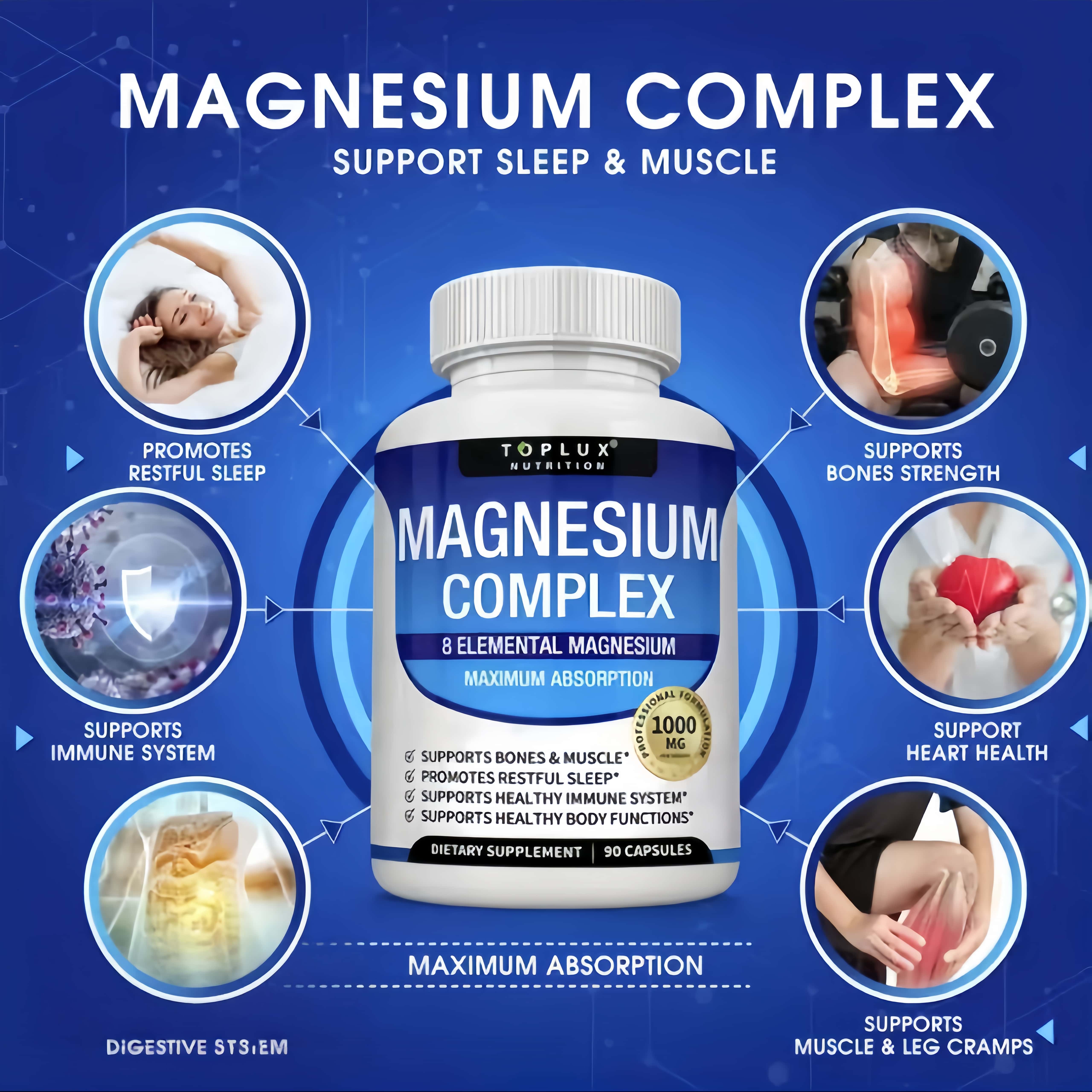 Organic Natural Magnesium Complex 1000 mg,90 Capsules Made from 8 Elements MagnesiumSupplement Fitness Edible Health Diet BrainEnhancement Vitamin Mineral SupplementHealthcare Dietary Bathroom