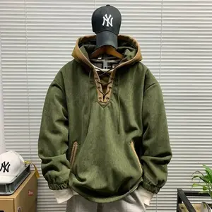 Men's Vintage Trendy Brand Design Hooded Colorblock Sweatshirt, Spring and Autumn Men's Loose Casual Workwear Hooded Long Sleeve Jacket with Pockets, Thick Warm Soft Comfortable Half Zipper Stylish High-Quality Hoodie, Men's Everyday Pullover Hooded Sweat