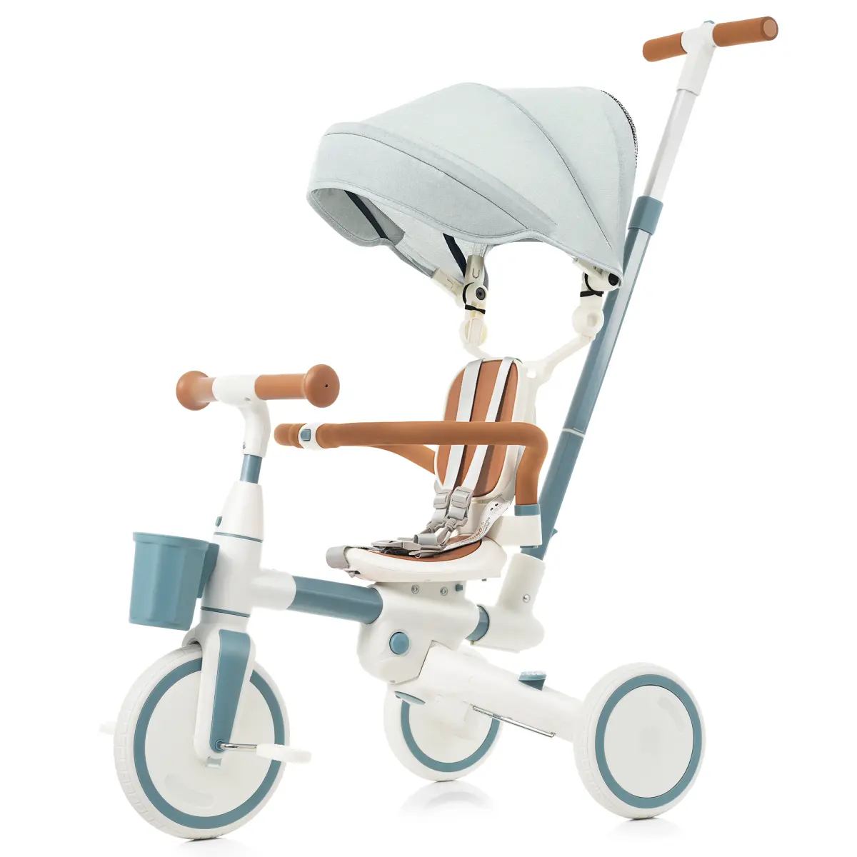 7 in 1 Baby Tricycle, Toddler Tricycle with Removable and Adjustable Push Rod, Toddler Push Bike with Removable Pedal, Canopy, and Guardrail, Tricycle for 18-72 Months, blue