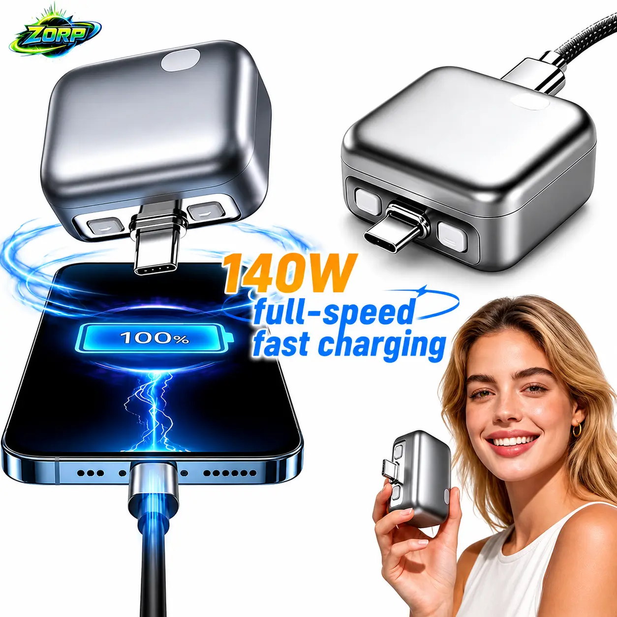 ZORP 140W USB-C Full Power Split Charger, Automatically Stops Charging After Fully Charged, Overcharge Protection Technology Ensures Safe Use at Night, Portable Type-C Disconnect Plug, Suitable for Mobile Phones and Laptops
