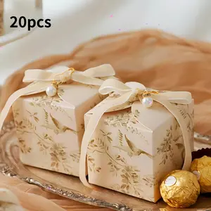 20 Elegant Forest-Themed Gift Boxes, Decorated With Ribbon And Pearls And Featuring Green Plant Designs, Perfect For Packaging Candies, Chocolates, And Party Favors. Vintage Floral Pattern, New Chinese-Style DIY Gift Box