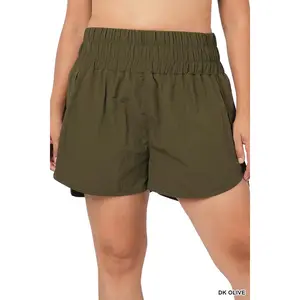 Plus Windbreaker Smocked Waistband Shorts Comfort Mesh Womenswear Athletic Fit Nylon Spandex Bottom Pocket Polyester