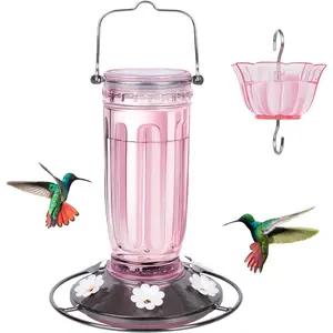 Glass Hummingbird Feeder for Outdoors  Bird Feeder with 6 Feeding Ports Hanging for Garden Yard, Pink (Ant Moat Included)