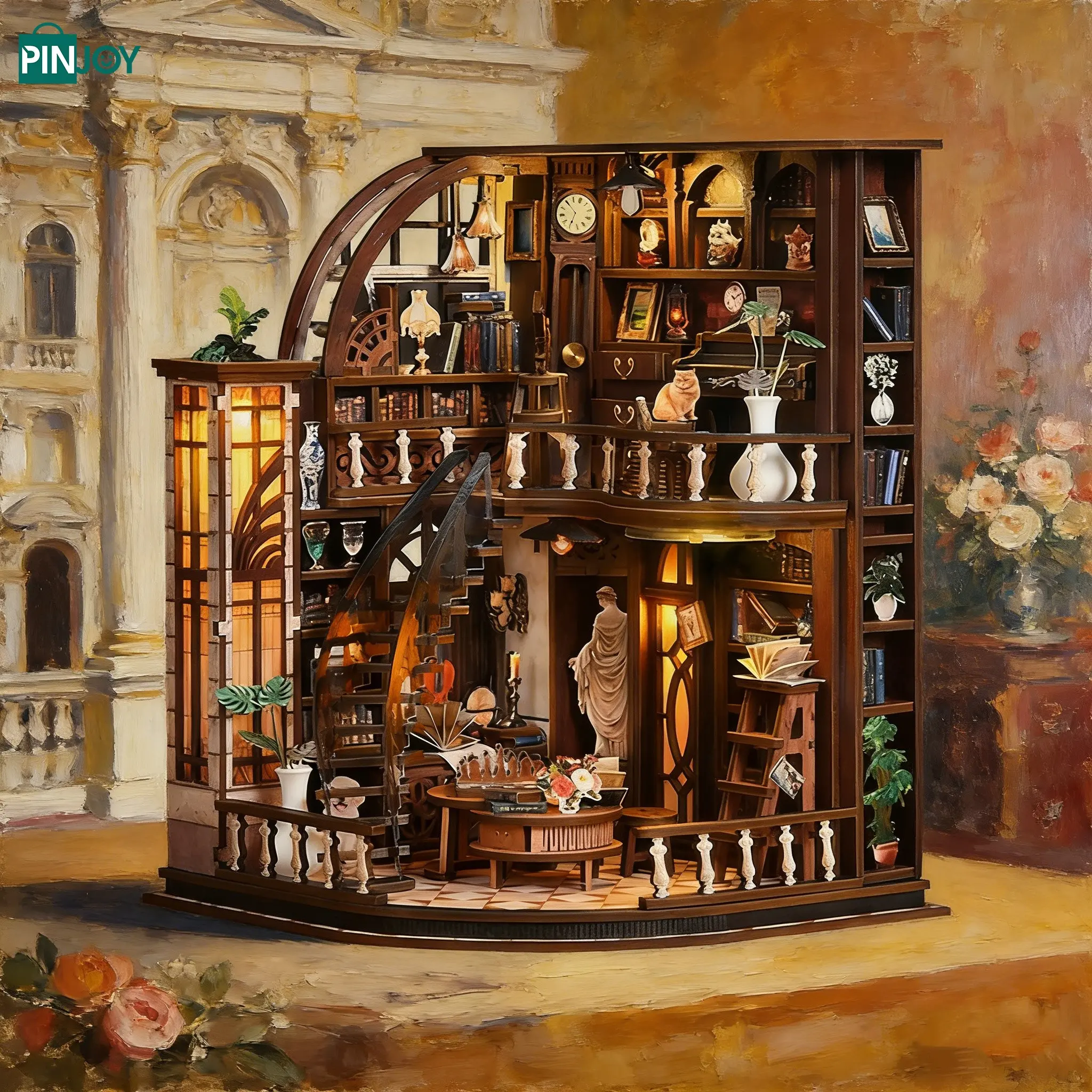 Wooden Vintage Roman Study Room DIY Model Kit, Bookshelf Decoration 3D Puzzle, Book Nook Puzzle, Miniature House Model, Educational Craft Project for Adults & Teens, Wooden Puzzles